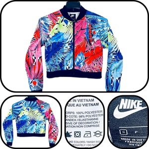 Nike Womens Small Multicolor Floral Sportswear Full Zip Crop Bomber Jacket